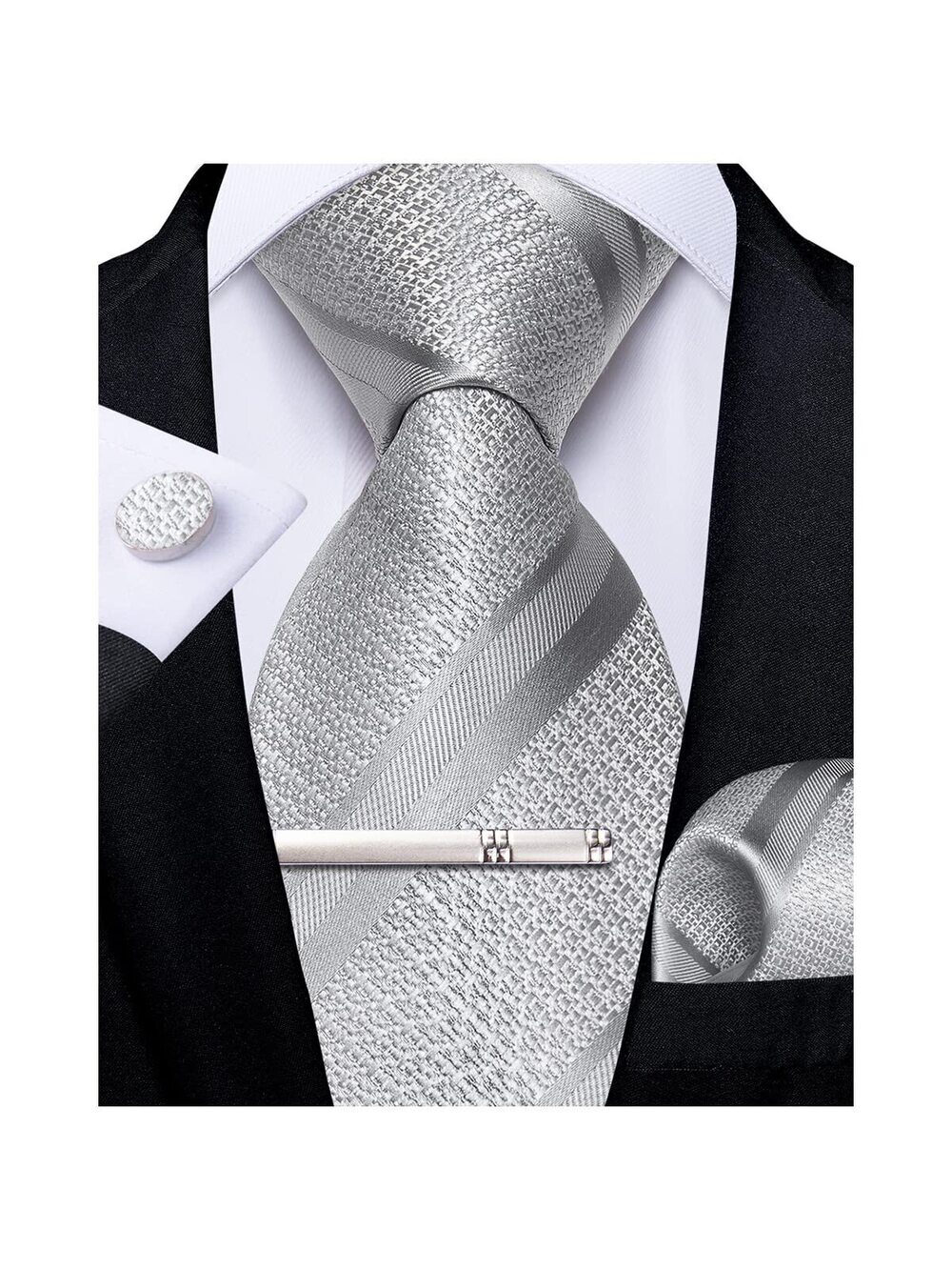 2875 Striped Tie Silk Woven Necktie and Pocket Square Cufflinks Tie Clip